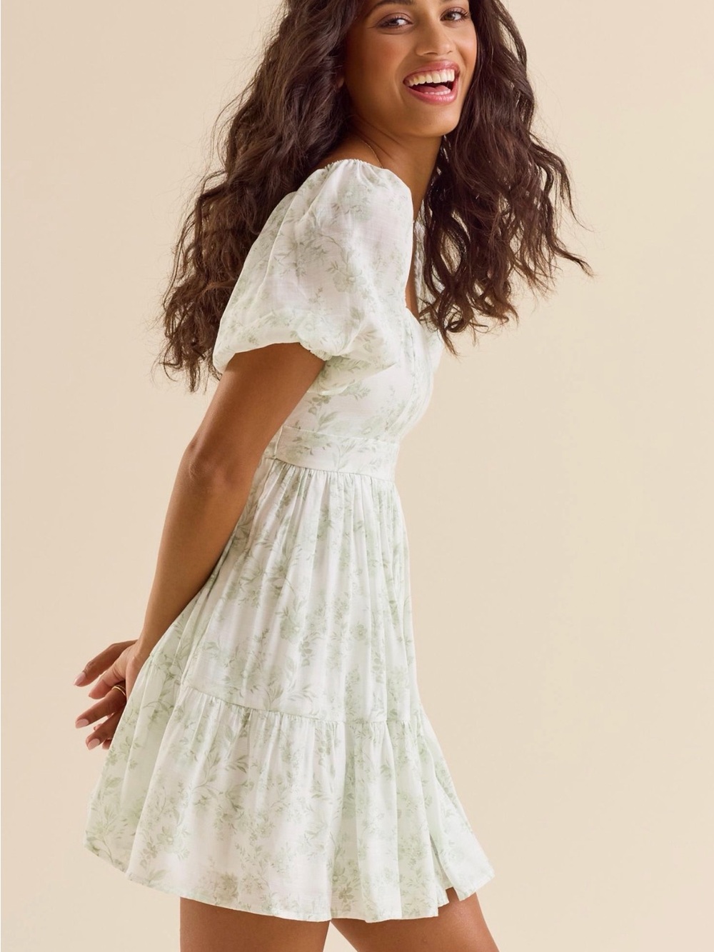 Altar’d State Alesia Mini Dress Ivory Sage Floral Puff Sleeve Mini Dress Size L